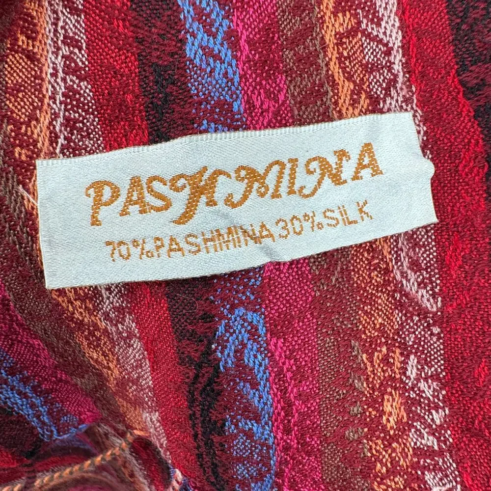 Pashmina silk blend tassel fringe wrap scarf shawl paisley wine red burnt orange